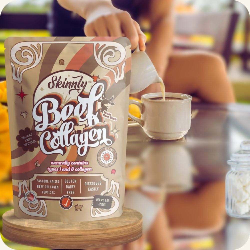 Skinnly Beef Collagen Peptides shown with coffee.