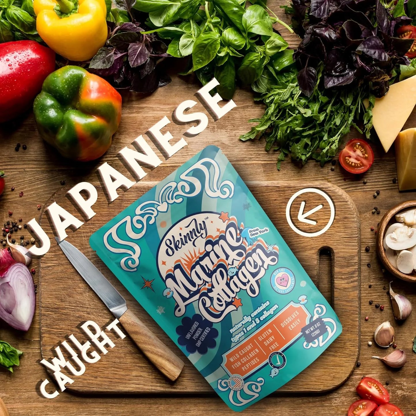 Skinny Marine Collagen on a wooden board with vegetables around.