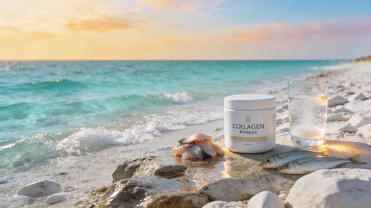 A tub of marine collagen powder with fishes next to the collagen tub.