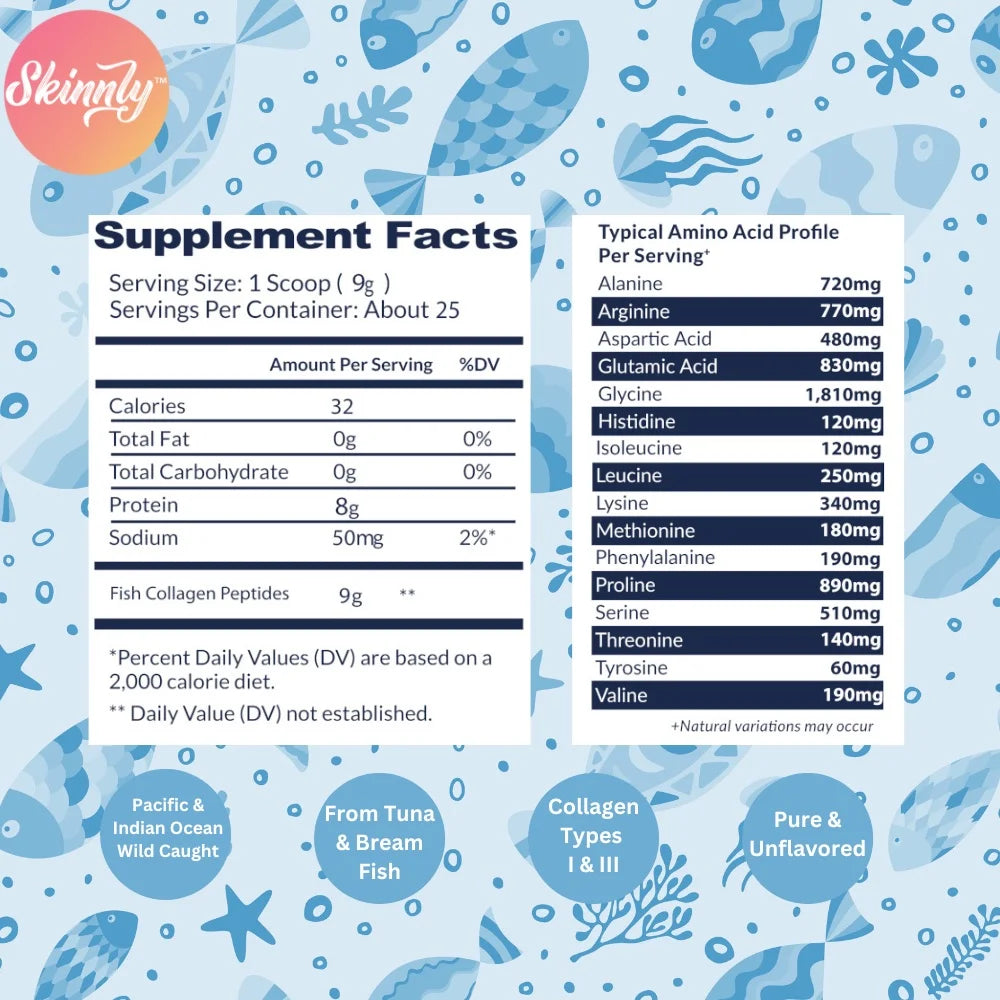 Skinnly Marine Collagen Peptides Powder, Wild-Caught, Unflavored, 8oz