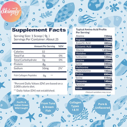 Skinnly Marine Collagen Peptides Powder, Wild-Caught, Unflavored, 8oz