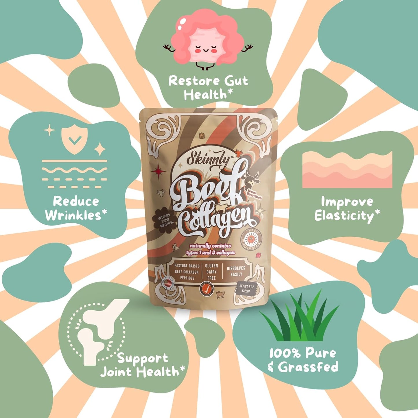 Skinnly Collagen Peptides 3 Pack- Marine, Beef & Multi-Collagen- Unflavored- 8oz