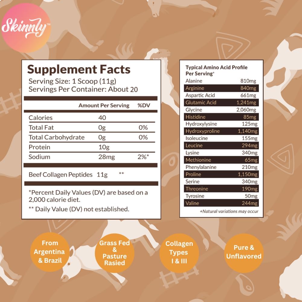 Skinnly Beef Collagen Peptides Powder, Grass-Fed, Unflavored, 8 oz