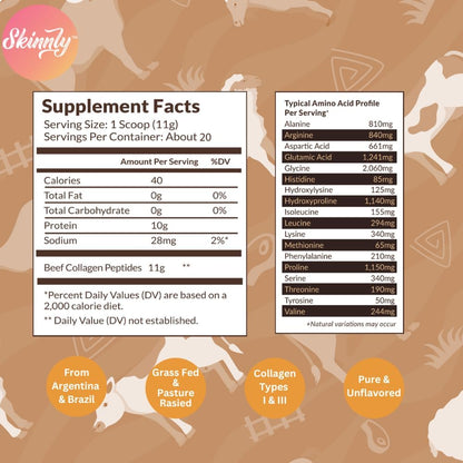 Skinnly Beef Collagen Peptides Powder, Grass-Fed, Unflavored, 8 oz