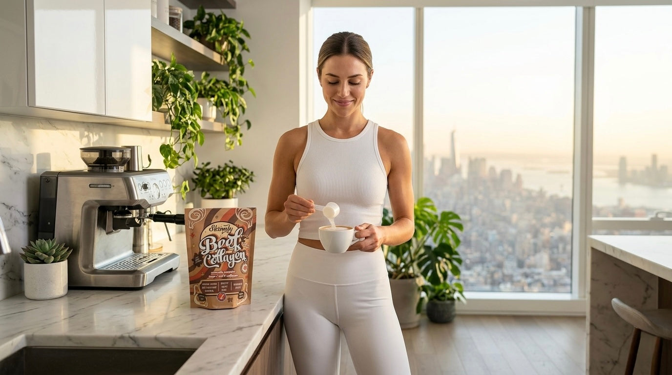 Woman in a kitchen preparing coffee with a cityscape view and Skinnly Beef Collagen to the side.