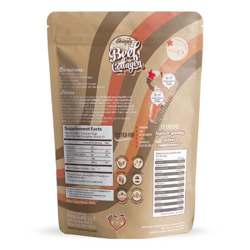 Skinnly Beef Collagen Peptides Powder, Grass-Fed, Unflavored, 8 oz