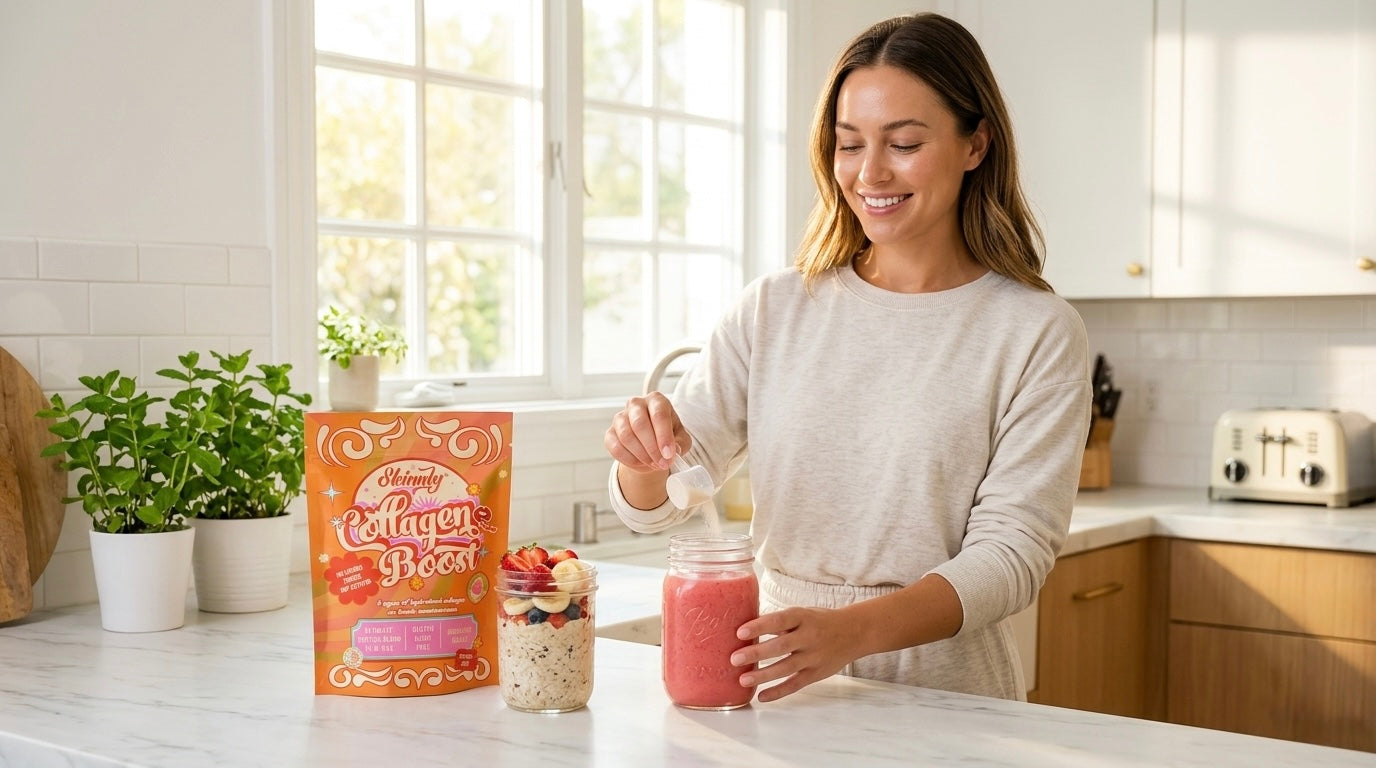 Woman in a kitchen making a smoothie with a container of Skinnly Collagen Boost on the counter.