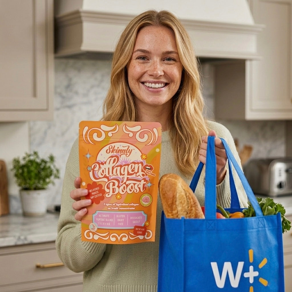 Woman holding Skinny Collagen Boost and a blue Walmart bag with groceries in a kitchen.