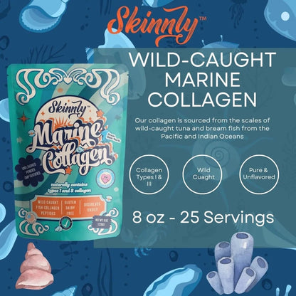 Skinnly Marine Collagen Peptides Powder, Wild-Caught, Unflavored, 8oz