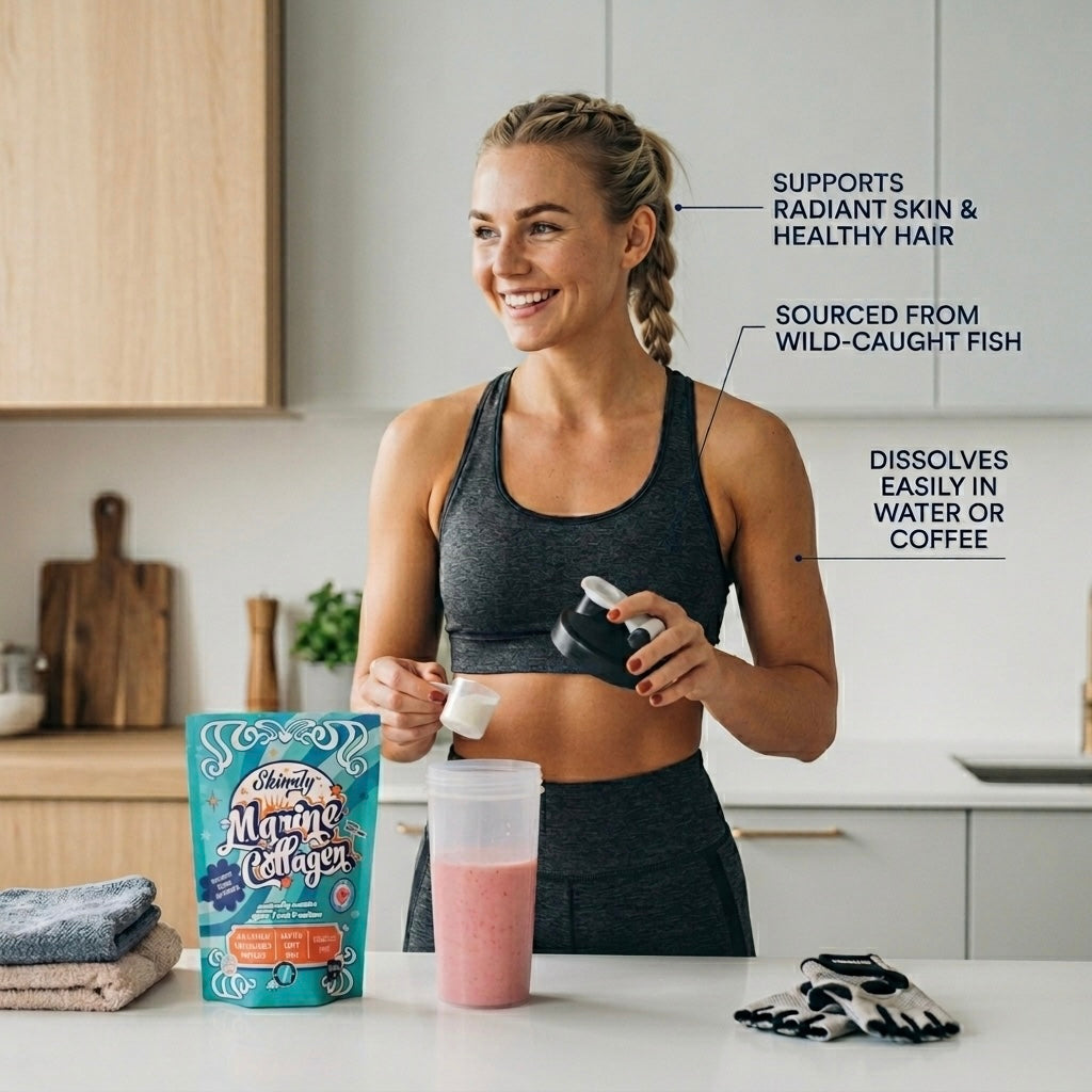 Woman in a kitchen is smiling and adding a scoop of Skinnly Marine Collagen powder to her protein shake. 