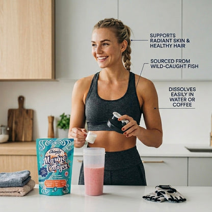 Woman in a kitchen is smiling and adding a scoop of Skinnly Marine Collagen powder to her protein shake. 