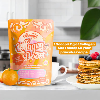 Skimpy Collagen Boost package with pancakes and berries on a kitchen counter