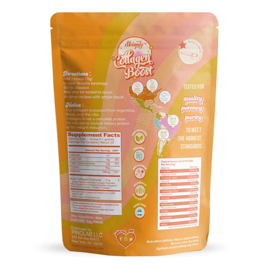 Skinnly Collagen Boost package with nutritional information on a white background