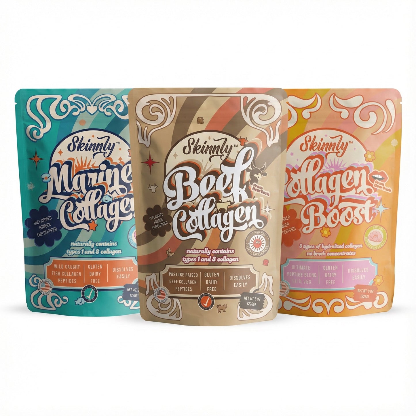 Skinnly Marine, Beef, and Collagen Boost. 