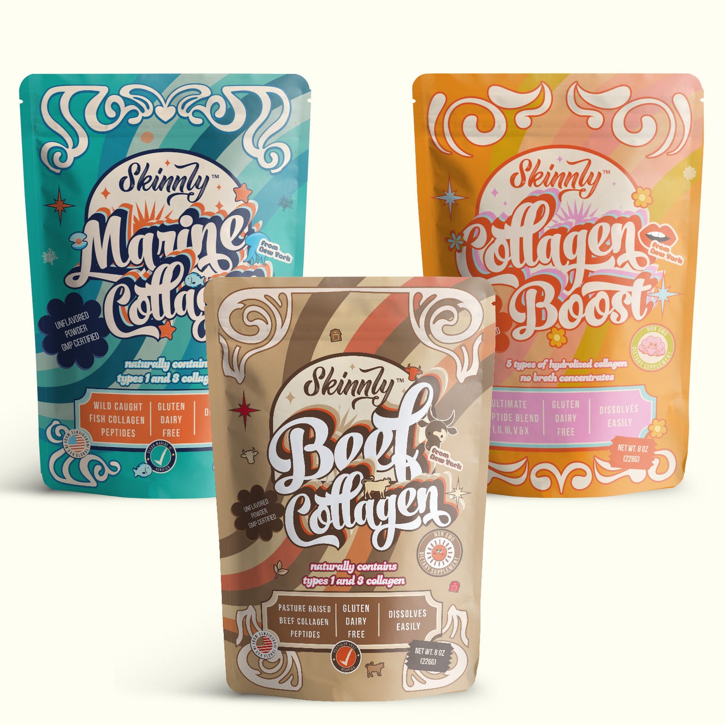 Skinnly Collagen Peptides 3 Pack- Marine, Beef & Multi-Collagen- Unflavored- 8oz