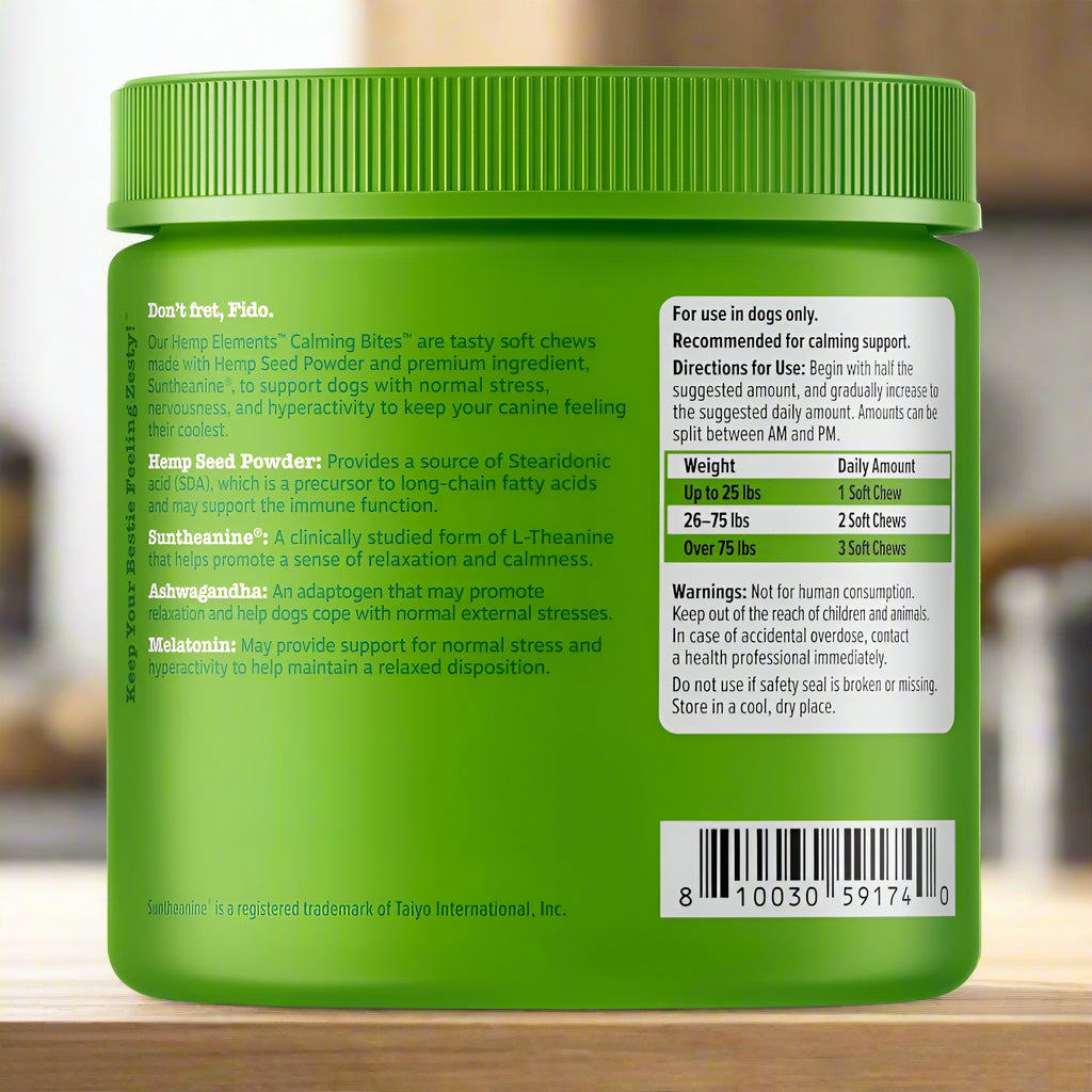 Zesty Paws Hemp Elements Calming Bites - Backside. 